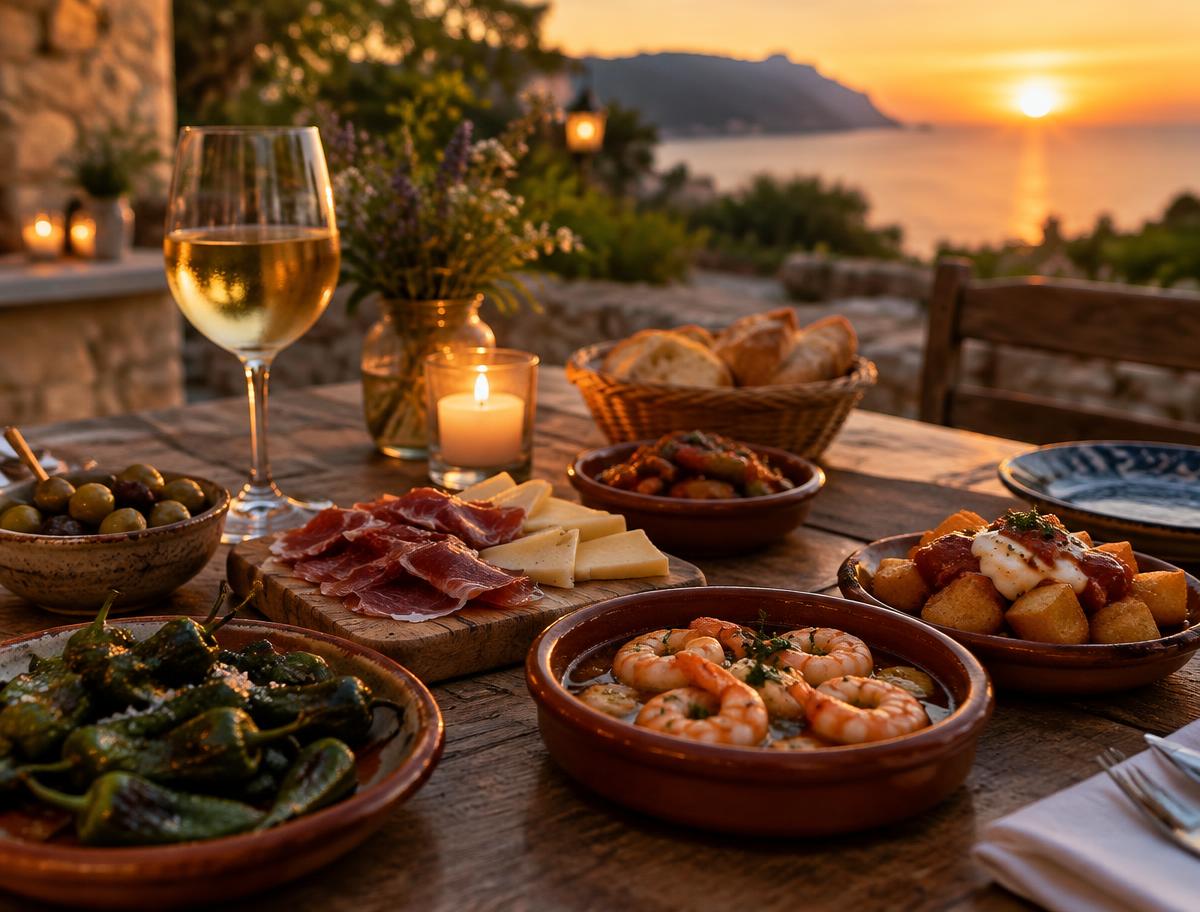 Table of local dishes at sunset